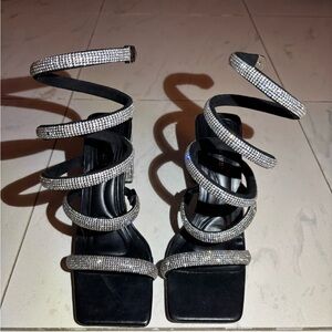 Black Crystal Spiral Wrap Heeled Sandals